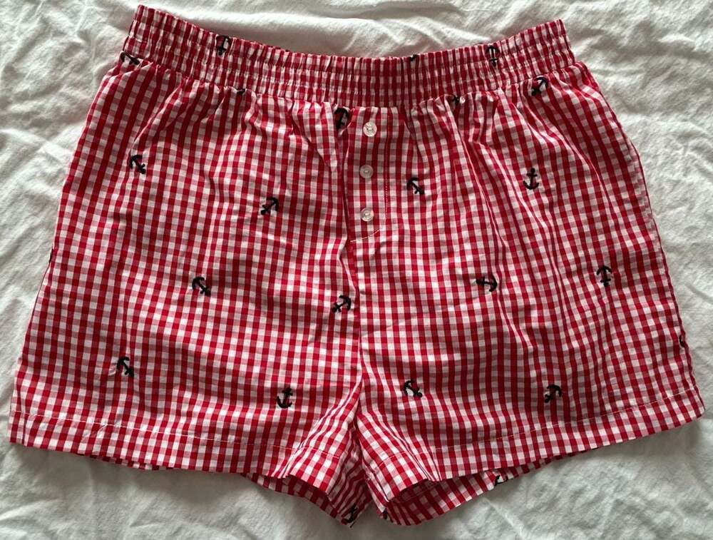 Threads of Luxx Red Gingham Anchor Embroidered Lounge Boxer Shorts